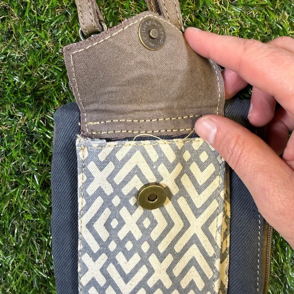 Myra Bag Canvas Leather Crossbody Phone Wallet Small Travel Pouch Grey Brown